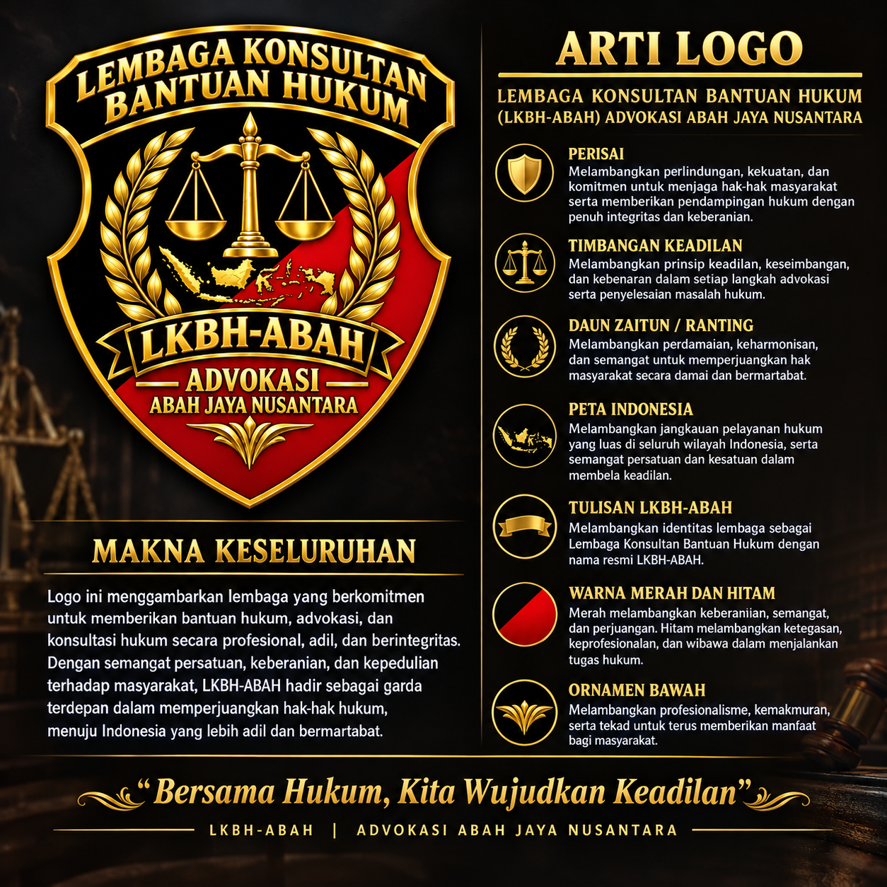 filosofi visual dari komponen logo Lembaga Konsultan Bantuan Hukum (LKBH-ABAH) ADVOKASI JAYA NUSANTARA