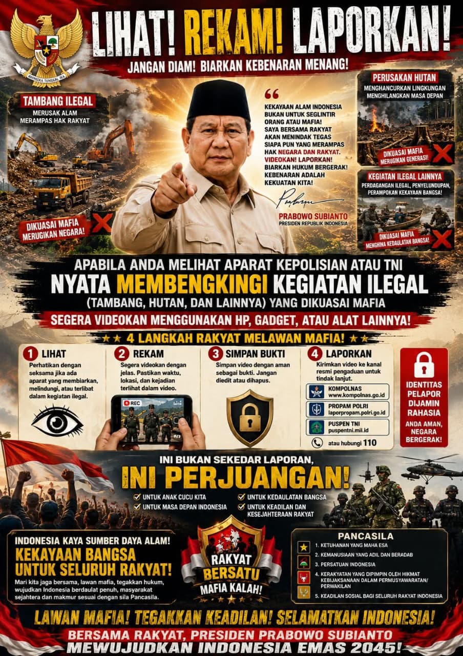 Prabowo Subianto yang mengajak rakyat melawan mafia demi mewujudkan Indonesia Emas 2045.